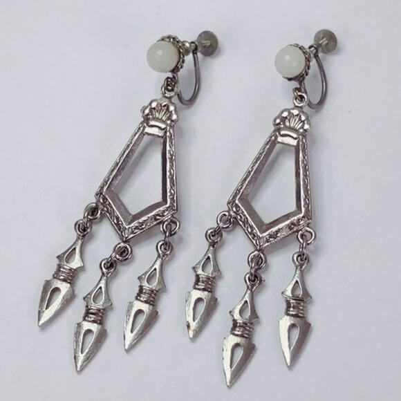 Vintage 1930s Czechoslovakia Art Deco Silver Tone Chandelier Screw Back Earrings - Picture 11 of 12